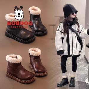 巴布豆女童儿童短靴子2024新款加绒棉鞋冬季宝宝雪地靴防滑学步