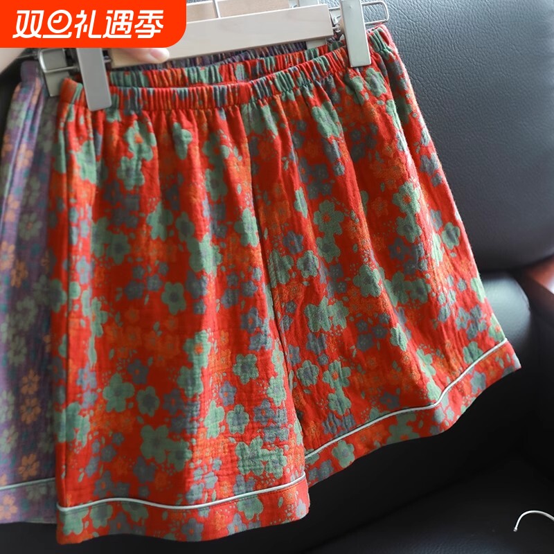 夏季女士小碎花云朵棉睡裤中国风透气家居服裤子外穿大码五分短裤