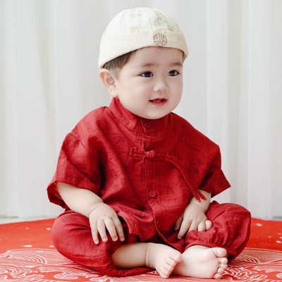 周岁礼服男宝夏季套装一岁生日抓周宴唐装红色中式喜庆婴儿男衣服