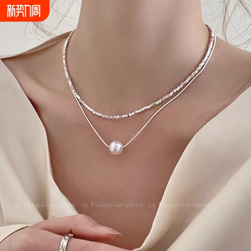 双层叠戴珍珠项链轻奢高级感碎银子女小众设计感锁骨链气质小香风