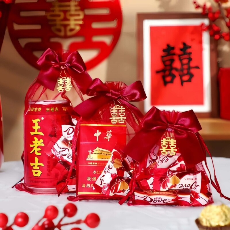 结婚专用喜糖袋子抽绳红色喜袋糖果袋婚礼喜糖盒婚庆喜糖包装纱袋