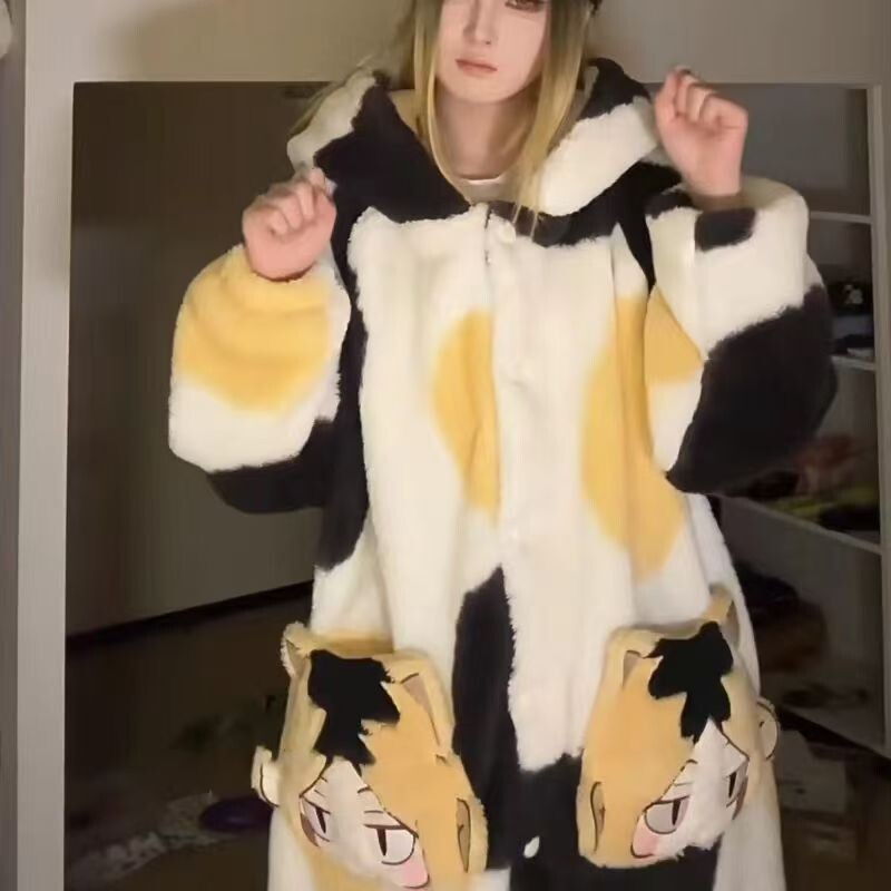 排球少年睡袍女2025新款秋冬季可外穿孤爪研磨加绒加厚家居服套装