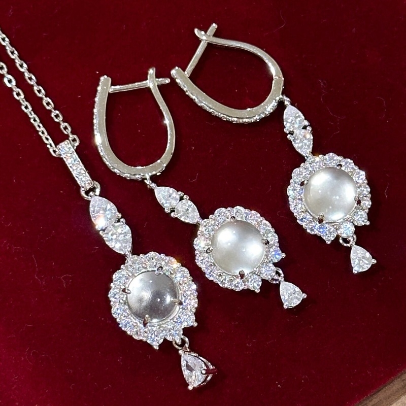 925复古新中式镶嵌满钻雪花水沫玉耳扣项链宫廷风精致时尚高级感