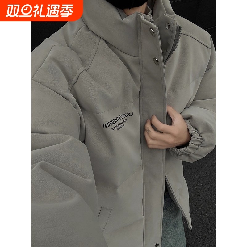 户外PU皮羽绒服男款秋冬季加厚高级感痞帅美式复古棉衣外套冬装棉