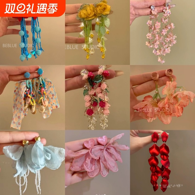 夜息花语复古花朵串珠流苏耳环女耳钉度假风耳夹民族风耳饰多巴胺