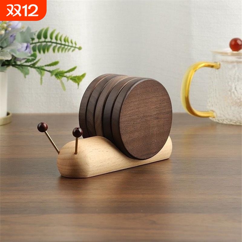 创意磁吸收纳卡通蜗牛杯垫架隔热垫家用木质高颜值餐厅咖啡杯杯垫