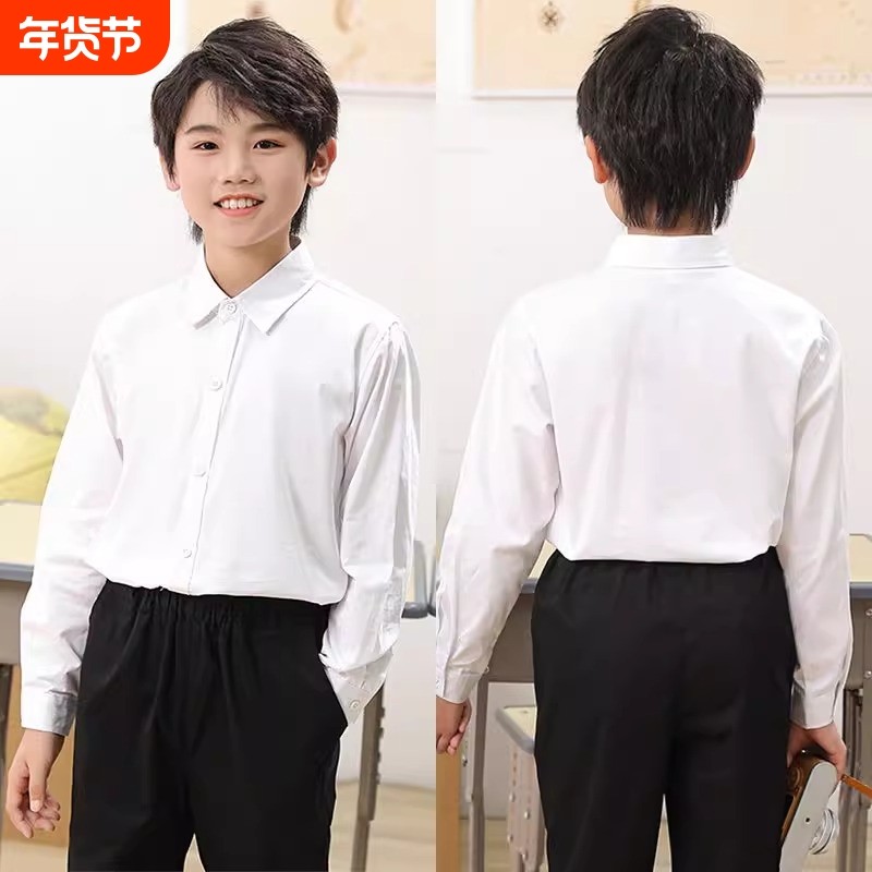 男童白衬衫长袖春款色寸衣纯棉夏季幼儿园服中学生校院白色童装