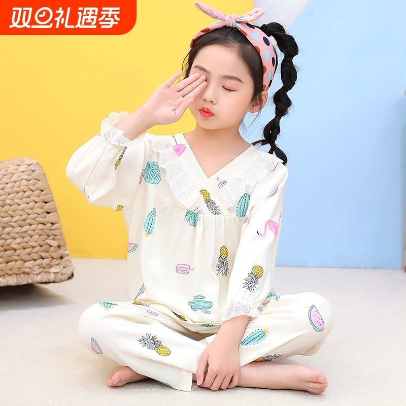 儿童棉绸睡衣女童长袖套装女孩大童宝宝春秋家居服空调服公主风