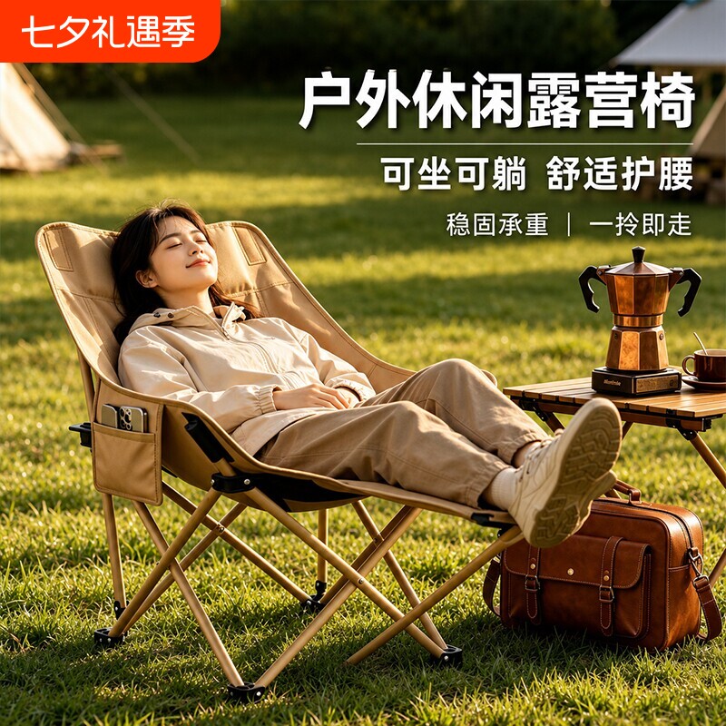 户外折叠椅月亮椅露营椅子便携午休躺椅凳沙滩椅可躺可坐摆摊碳钢