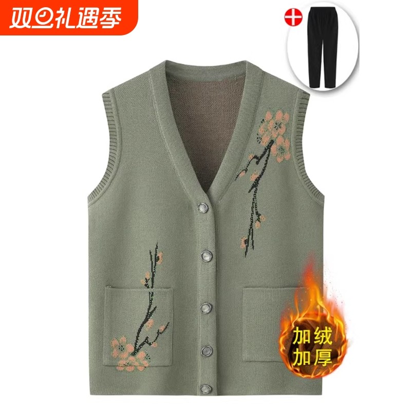 马甲女春秋加绒奶奶毛衣妈妈装开衫秋冬外套老太太老人衣服红色