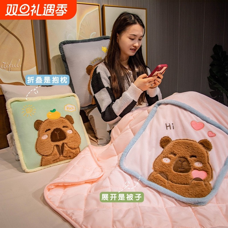 卡皮巴拉刺绣抱枕毯子二合一办公室午休空调被靠垫车载折叠抱枕被