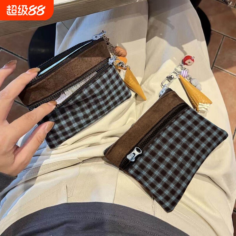 美式撞色蓝咖格子布艺零钱包双层迷你化妆包卡包证件袋ccd收纳包图片