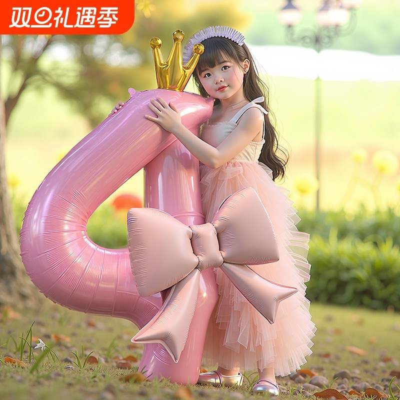 儿童蝴蝶结数字气球四岁小女孩生日场景布置装饰粉色户外拍照道具
