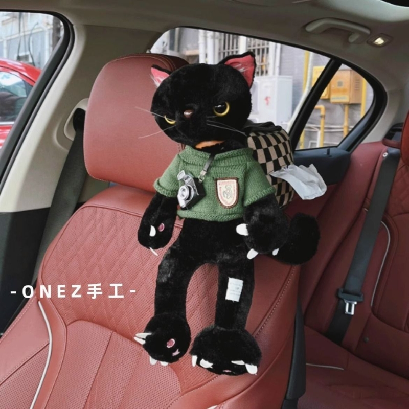 车载超级可爱猫咪公仔汽车座椅多功能挂式千鸟格纸巾包车用纸巾盒