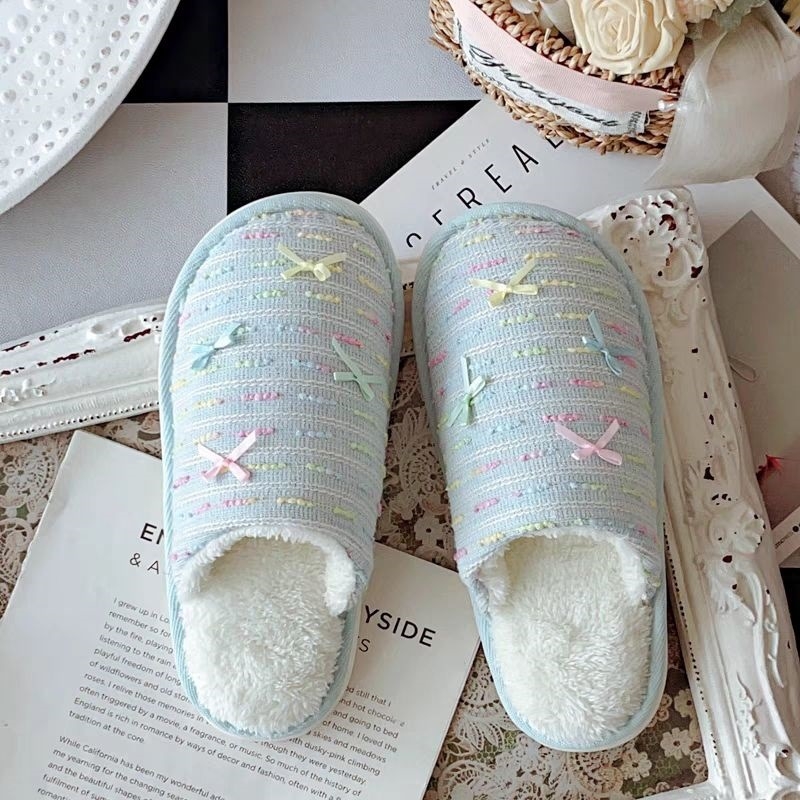 甜美糖果色蝴蝶结居家棉拖女秋冬季室内厚底家用防滑保暖家居拖鞋