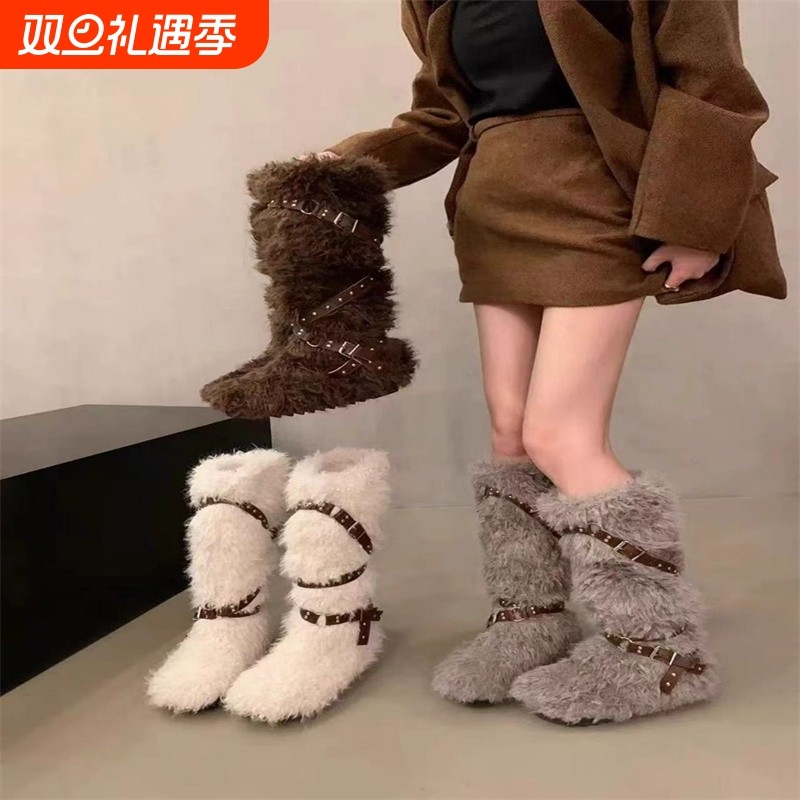 内增高加绒加厚雪地靴女2025新款秋冬季保暖毛毛鞋棉鞋高筒骑士靴
