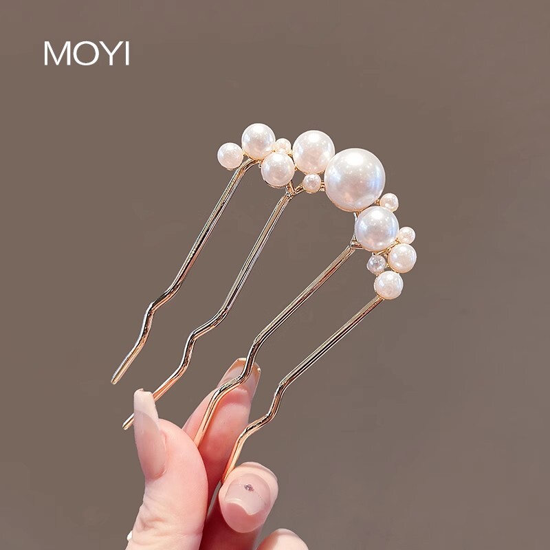 水钻珍珠u型发簪女2024新款高端丸子头插梳发梳气质盘发发钗法式