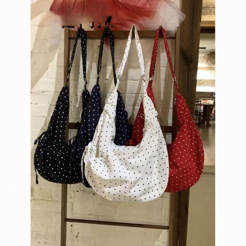日系新款文艺波点帆布包简约小清新打结单肩包大容量通勤托特包潮