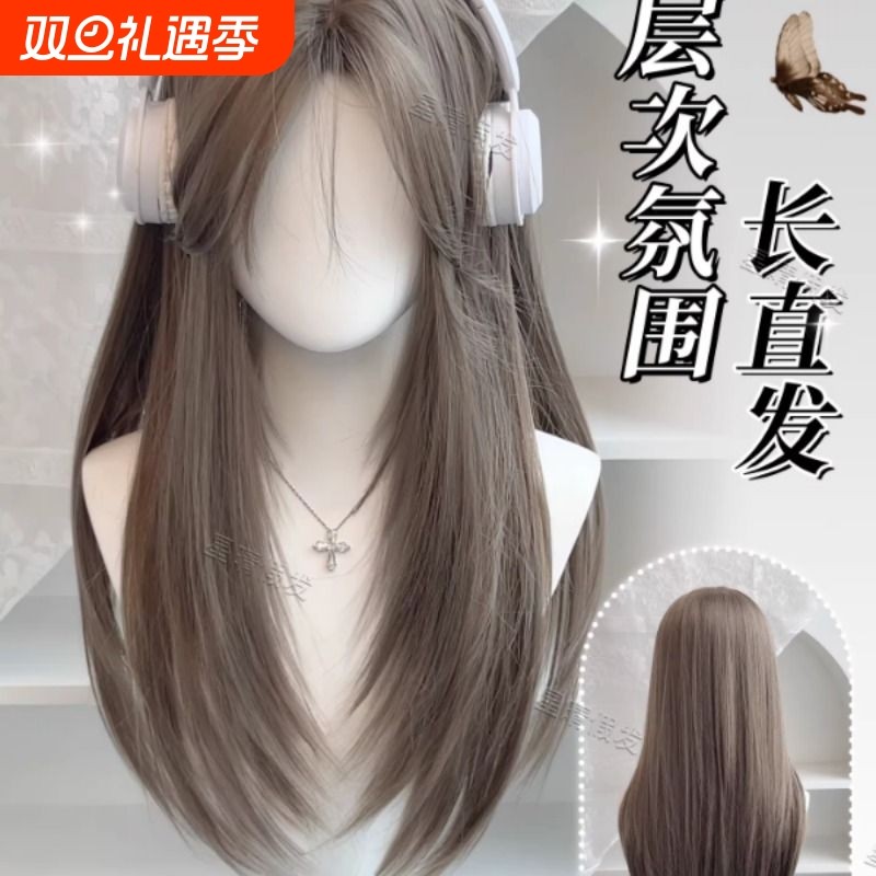 薄荷米棕星晴假发女高层次修颜外翻鬓角自然长直发全头套中分刘海