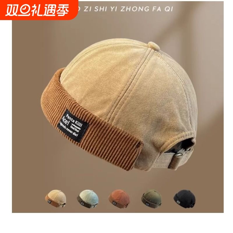 日系灯芯绒复古瓜皮帽男秋冬季嘻哈雅痞帽子女地主帽潮绿色显脸小