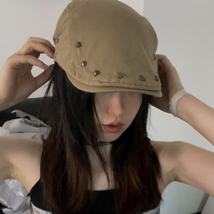 铆钉前进帽女春夏季百搭反戴画家帽休闲贝雷帽薄款鸭舌帽棒球帽潮