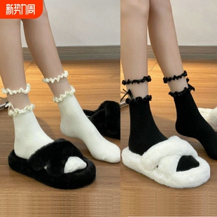 jk袜洛丽塔 配小皮鞋 小红书同款 黑白色花边袜子女蝴蝶结中筒袜薄款