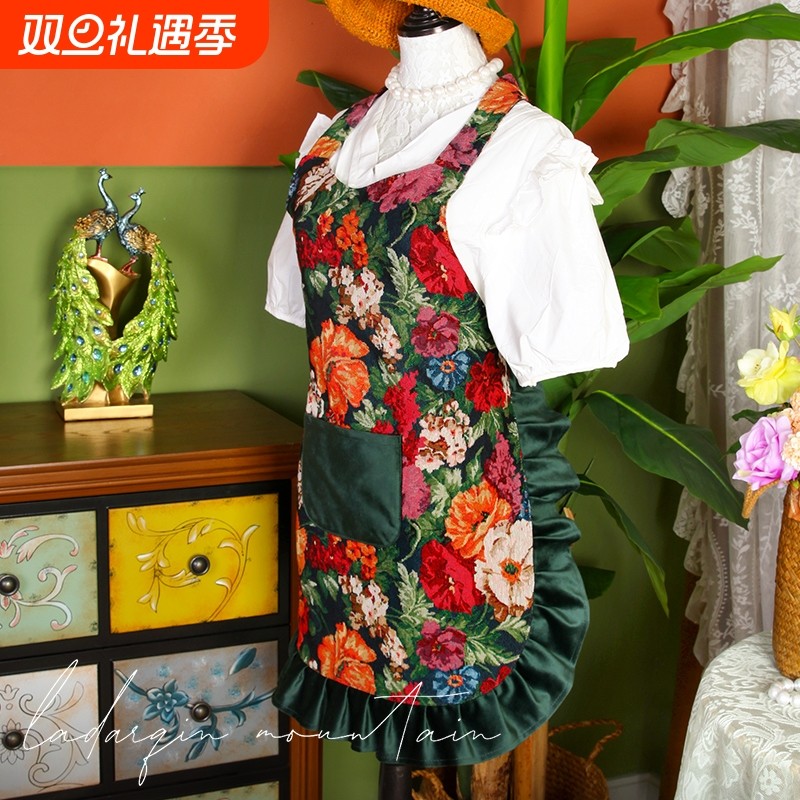 复古风布艺围裙家用防水围腰厨房防护头巾围裙袖套套装特色工作服