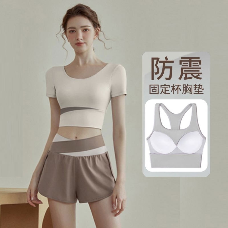 瑜伽服女上衣2025新款夏季短袖跑步运动套装普拉提训练健身骑行服