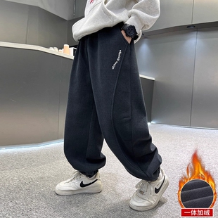 运动冬季 儿童装 男童加绒裤 子2026男孩秋冬款 潮灰色 加厚中大童卫裤