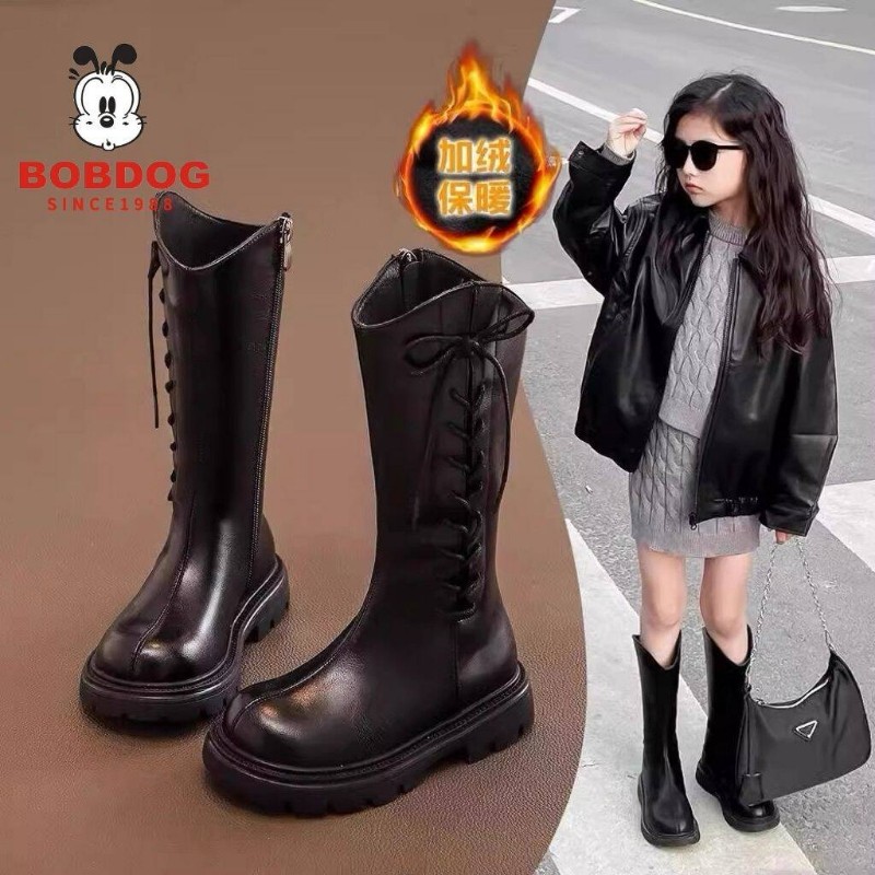 巴布豆女童高筒靴2025秋冬新款儿童女孩软底加绒骑士靴防滑黑色