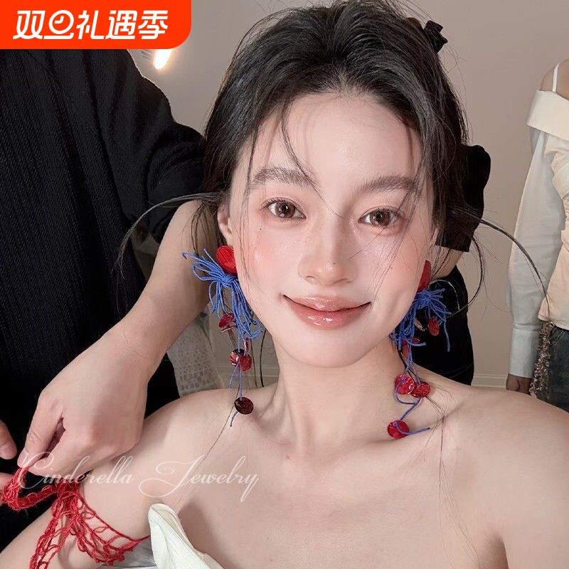 气质新娘耳环个性夸张长款红蓝撞色耳钉高级感礼服旗袍晨袍耳饰品