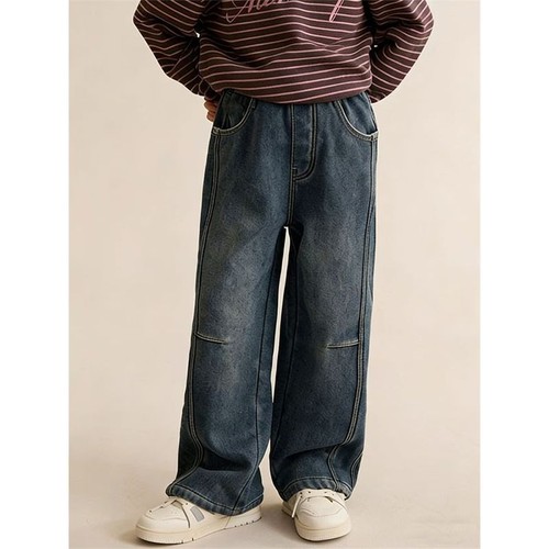 儿童显瘦窄版加厚直筒裤女孩春秋冬季洋气一体绒牛仔裤女童休闲裤