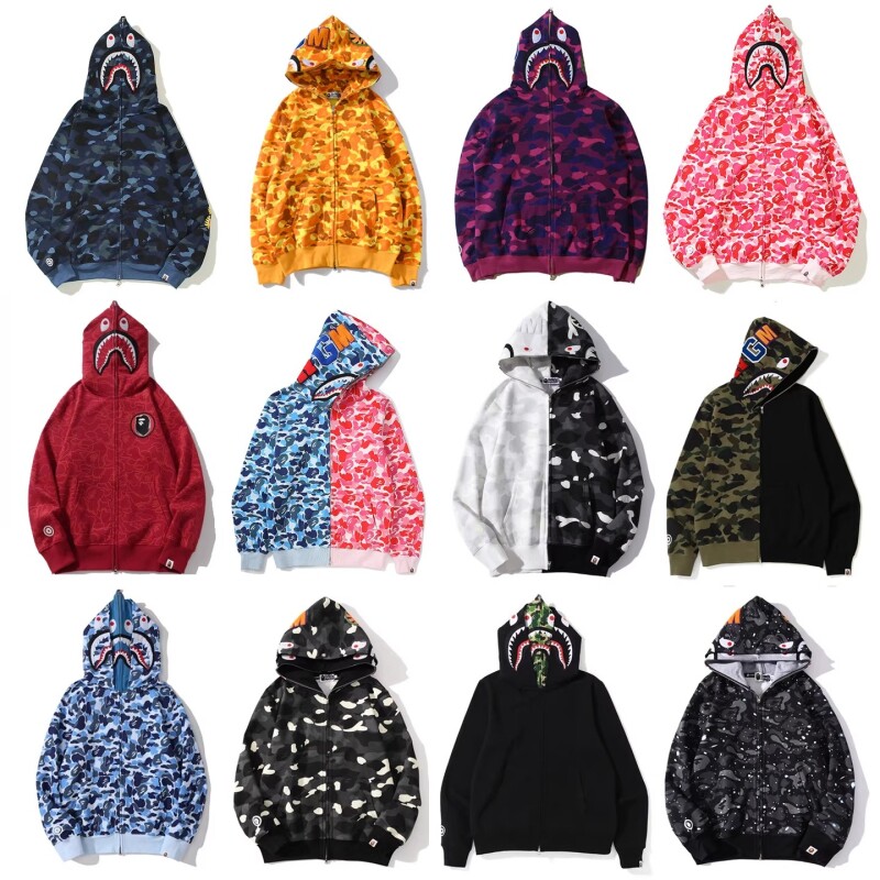 APE连帽卫衣纯棉SHARKAPE鲨鱼迷彩外套亲子装冬薄绒红色白