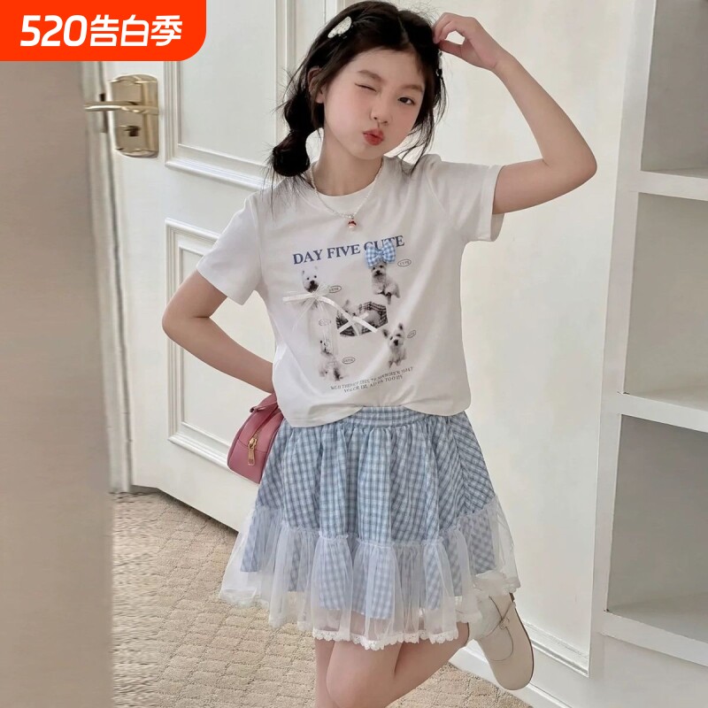 2026夏季新洋气韩版女童卡通短袖T恤儿童花边格子短裙套装两件套
