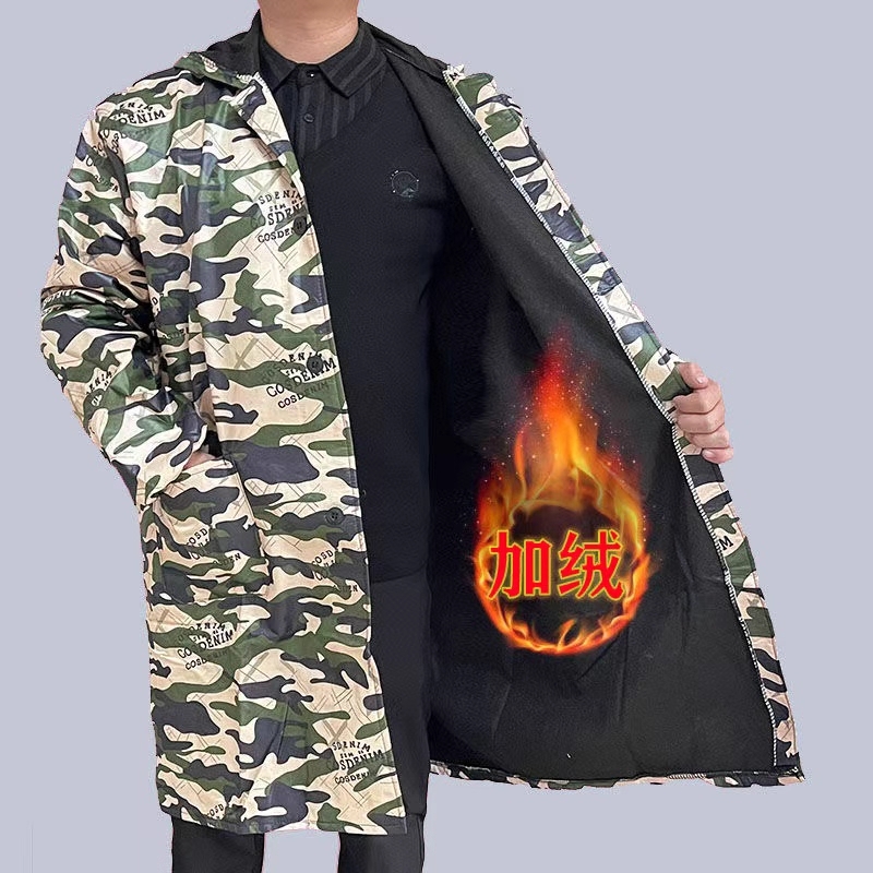 加绒防水连帽迷彩罩衣大褂工作服外穿成人耐脏厨房长袖围裙外套