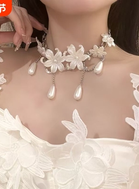 氛围感白色花朵水滴珍珠流苏choker项链女小众设计个性锁骨链颈链