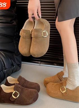 勃肯鞋厚底36-15加绒复古一脚蹬平底棉鞋跟高约5公分内增高咖色