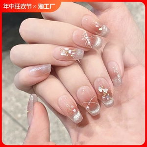 穿戴甲美甲片甜酷黑钻短款手工美甲贴高级显白指甲贴片持久可拆卸