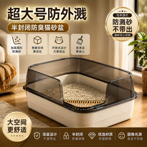 猫砂盆防带砂防外溅防臭半封闭式猫厕所防漏砂加高猫砂盆猫厕所