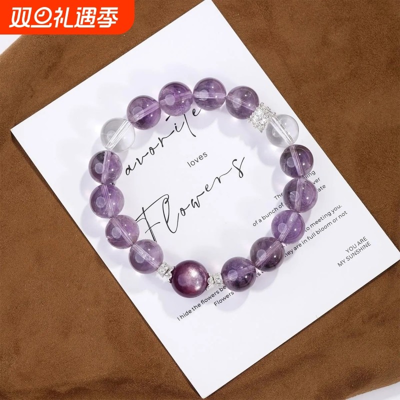 【扶摇紫上】天然水晶原创设计手链紫锂云母紫塔白水晶手串送礼物