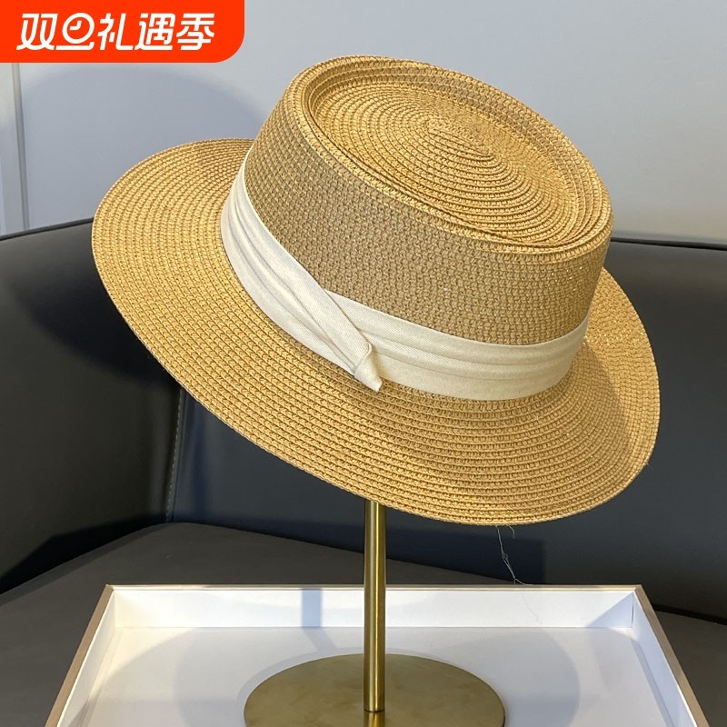 法式平顶防晒帽子女款2024新款礼帽夏季海边度假风遮阳草帽太阳帽