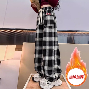 女童格子阔腿裤秋冬款2026新款儿童春秋款休闲裤子大童加绒直筒裤