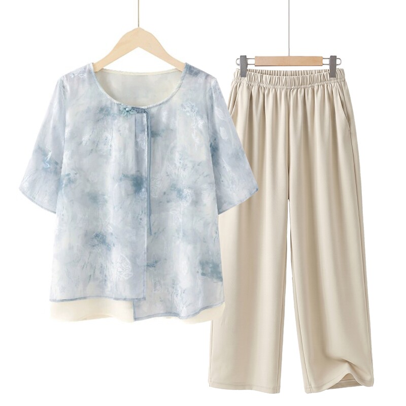 时尚妈妈夏装短袖小衫套装中老年人洋气女装新中式T恤休闲上衣服