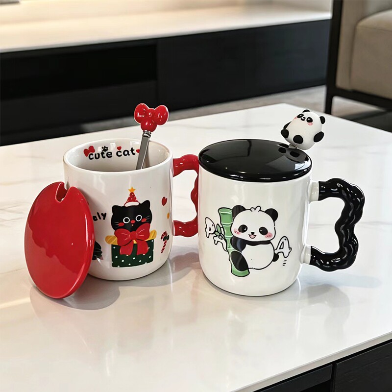 猫咪可爱卡通陶瓷熊猫马克杯生日礼物水杯带盖情侣