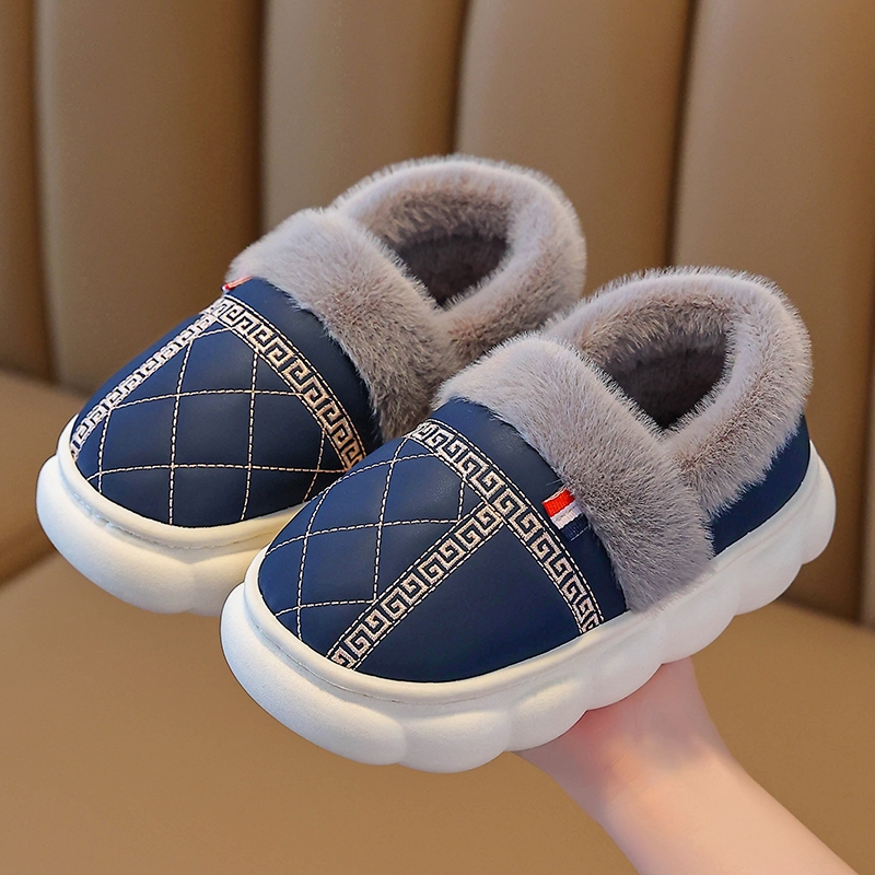 冬季亲子成人棉拖鞋包跟加绒加厚pu皮防水男女童居家保暖儿童棉鞋