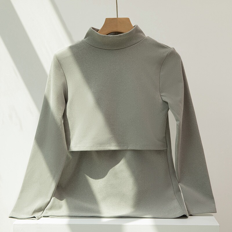 秋冬双面磨毛保暖高领上掀打底潮妈哺乳免穿文胸月子服家居服上衣