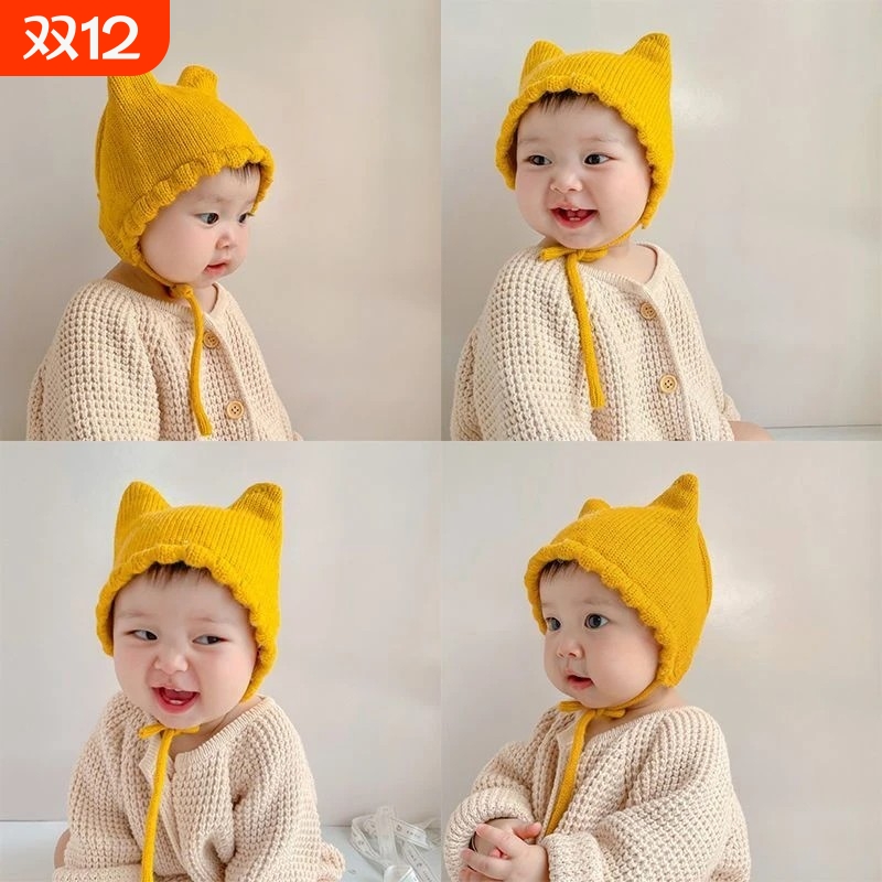 婴儿帽子春秋薄款婴幼儿护卤门帽可爱猫耳朵宝宝保暖毛线护耳帽冬