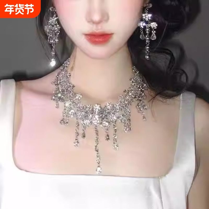 项链爆闪水滴晚礼服女新款夸张名媛宴会锁骨链新娘主持人配饰颈链