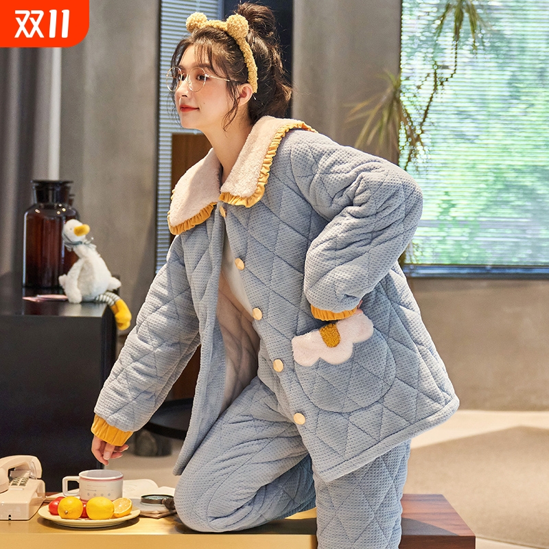 冬季睡衣女三层夹棉加厚保暖套装