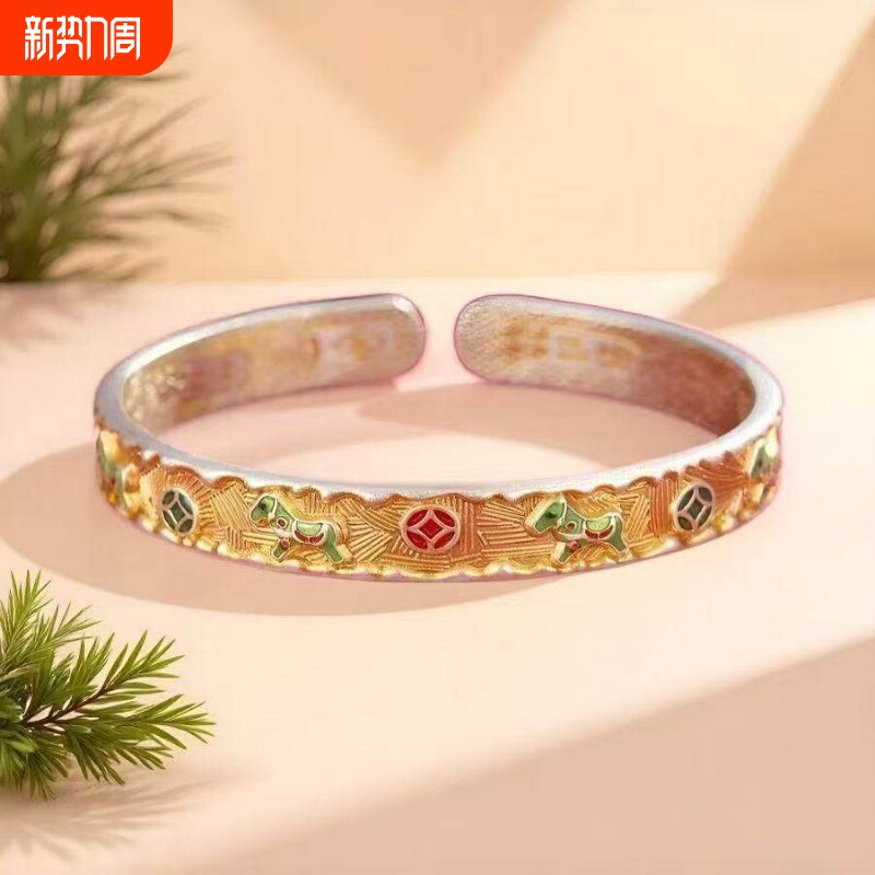 【幂琳】马上有钱银手镯女纯银9999足银中国风珐琅女士首饰镯子送